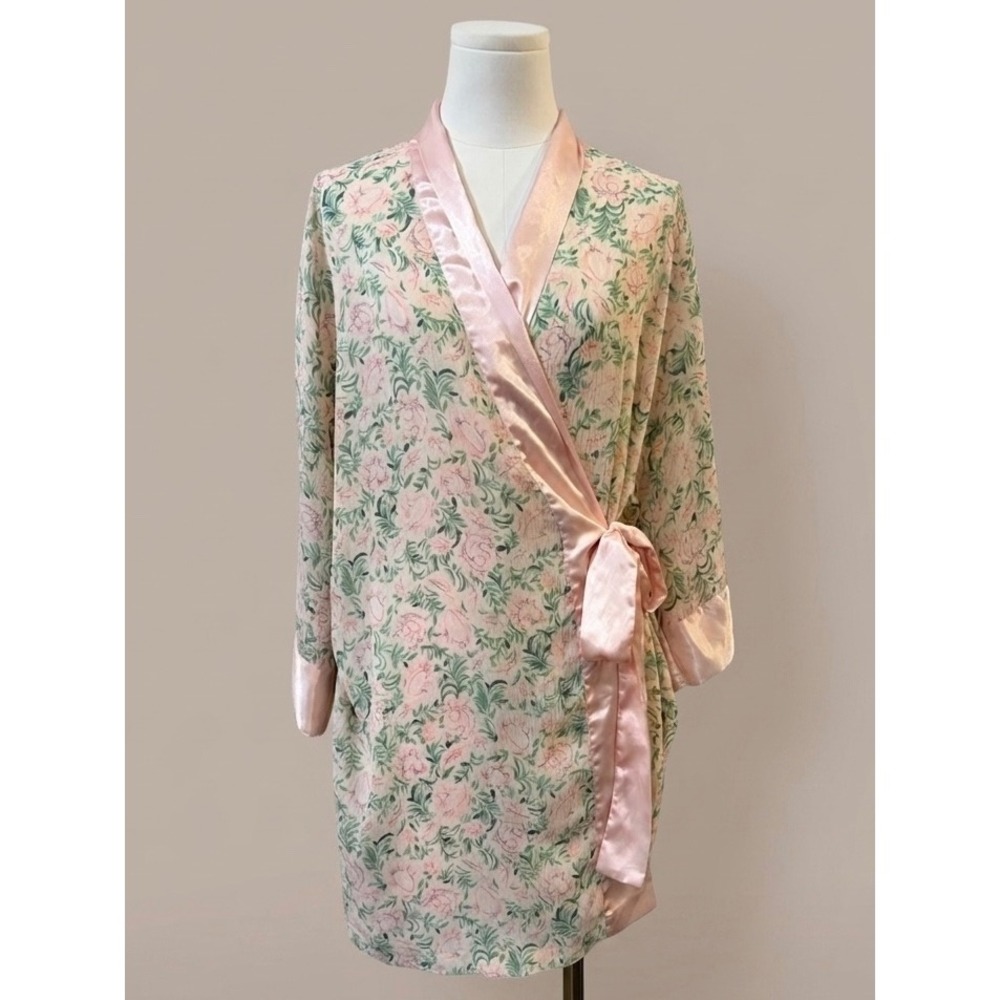 Victoria's Secret Vintage Gold Label Floral Plisse Kimono Robe Pink Cottagecore‎